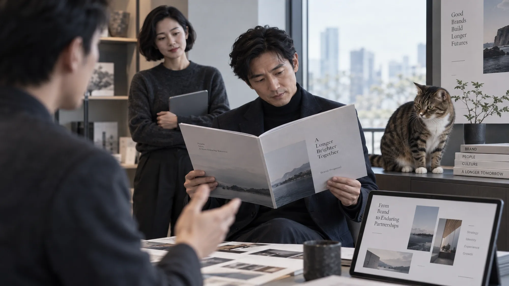 業務人員向企業多位決策者說明提案,品牌素材在無人解說時承擔驗證工作 業務向多位決策者說明提案-B2B品牌經營
